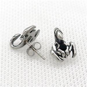 Stainless Steel Stud Earring Pave Rhinestone Scorpion Antique Silver, approx 11-14mm