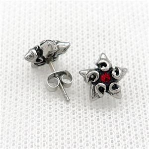 Stainless Steel Stud Earring Pave Red Rhinestone Star Antique Silver, approx 11mm