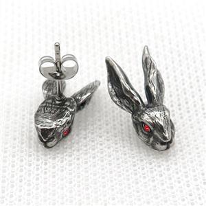 Stainless Steel Stud Earring Pave Rhinestone Rabbit Antique Silver, approx 10-19mm