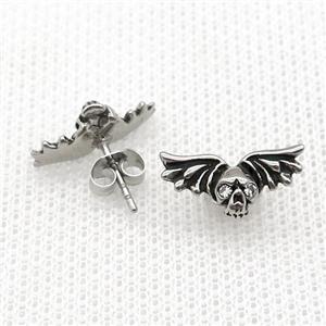 Stainless Steel Stud Earring Pave Rhinestone Skull Wings Antique Silver, approx 8-16mm