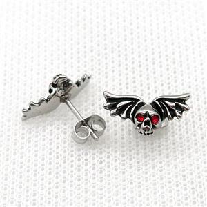 Stainless Steel Stud Earring Pave Red Rhinestone Skull Wings Antique Silver, approx 8-16mm