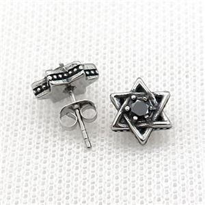 Stainless Steel Stud Earring Pave Rhinestone Star Antique Silver, approx 11.5mm