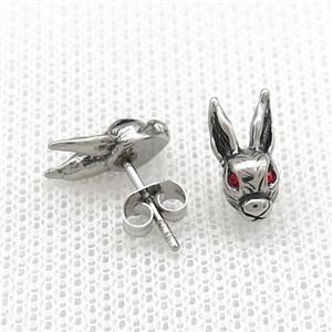 Stainless Steel Stud Earring Pave Red Rhinestone Rabbit Antique Silver, approx 6-13mm