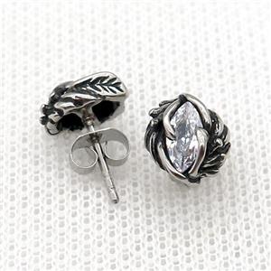 Stainless Steel Stud Earring Pave Rhinestone Leaf Antique Silver, approx 9.5-11mm