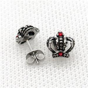Stainless Steel Stud Earring Pave Red Rhinestone Crown Antique Silver, approx 10mm