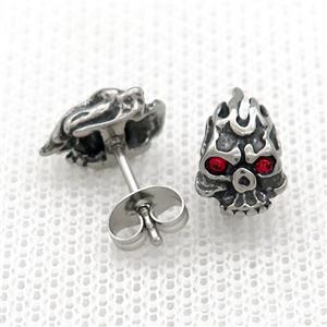 Stainless Steel Stud Earring Pave Red Rhinestone Skull Antique Silver, approx 7.5-11.5mm