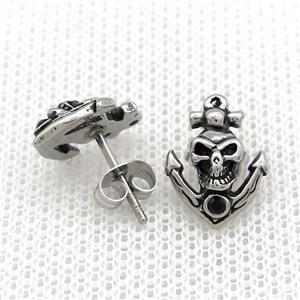 Stainless Steel Stud Earring Pave Rhinestone Skull Antique Silver, approx 11-14mm