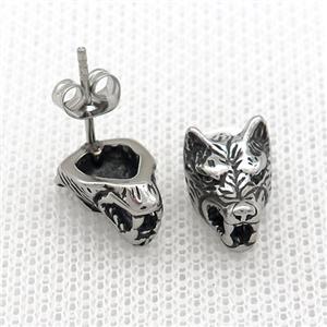 Stainless Steel Stud Earring Wolf Antique Silver, approx 9-13mm