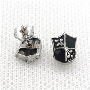 Stainless Steel Stud Earring Shield Antique Silver, approx 9-11mm