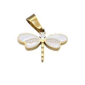 Dragonfly Charms Stainless Steel Pendant White Enamel Gold Plated, approx 10-16mm