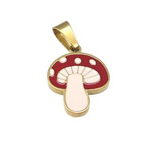 Stainless Steel Mushroom Pendant Red Enamel Gold Plated, approx 12-14mm