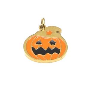 Halloween Pumpkin Charms Stainless Steel Pendant Orange Enamel Gold Plated, approx 14mm
