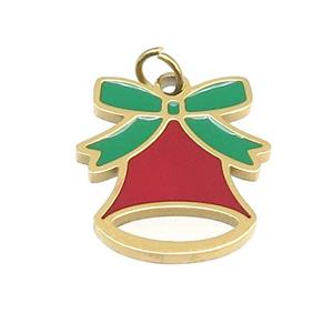 Christmas Bell Stainless Steel Pendant Green Red Enamel Gold Plated, approx 14-15mm