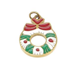 Christmas Wreath Stainless Steel Pendant Multicolor Enamel Gold Plated, approx 13-16mm