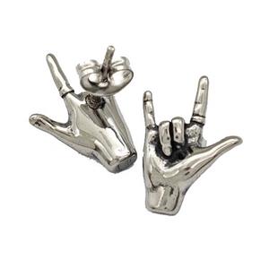 Stainless Steel Stud Earrings I Love You Hand Sign Antique Silver, approx 13-17mm