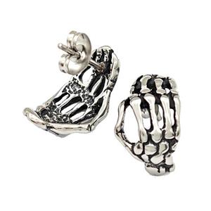 Stainless Steel Stud Earrings Skeleton Hand Antique Silver, approx 10-18mm