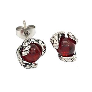 Stainless Steel Snake Stud Earrings With Red Glass Antique Silver, approx 8-10mm