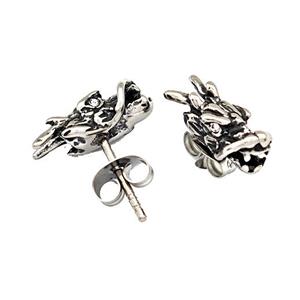 Stainless Steel Stud Earrings Pave Rhinestone Dragon Head Antique Silver, approx 6-14mm