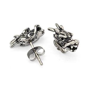 Stainless Steel Stud Earrings Pave Rhinestone Dragon Head Antique Silver, approx 6-14mm