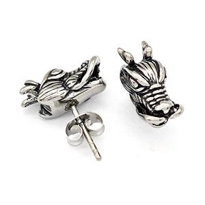 Stainless Steel Stud Earrings Dragon Head Antique Silver, approx 7-15mm