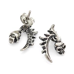 Tribal Wing Skull Charms Stainless Steel Stud Earrings Antique Silver, approx 5-6mm, 8-17mm
