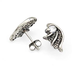 Stainless Steel Wings Stud Earrings Pave Rhinestone Antique Silver, approx 8-15mm