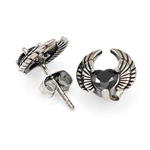 Stainless Steel Angel Wings Stud Earrings Pave Rhinestone Antique Silver, approx 11-12mm