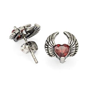 Stainless Steel Angel Wings Stud Earrings Pave Red Rhinestone Antique Silver, approx 11-12mm