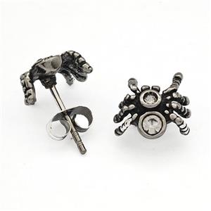 Stainless Steel Spider Stud Earrings Pave Rhinestone Antique Silver, approx 11mm