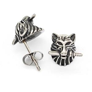 Stainless Steel Wolf Stud Earrings Antique Silver, approx 11mm