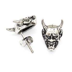 Oni Devil Charms Stainless Steel Stud Earrings Antique Silver, approx 10-14mm