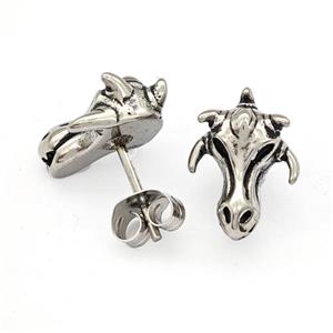 Three Horned Bucks Charms Stainless Steel Stud Earrings Antique Silver, approx 10-14mm