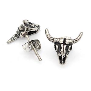 Stainless Steel Bull Stud Earrings Antique Silver, approx 12-13mm