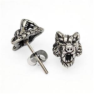Stainless Steel Wolf Stud Earrings Antique Silver, approx 9-12mm