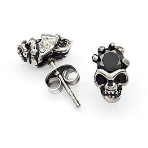 Stainless Steel Skull Stud Earrings Pave Rhinestone Antique Silver, approx 7-11mm