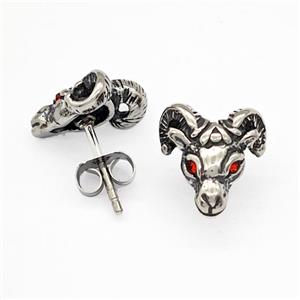 Sheep Stainless Steel Goat Stud Earrings Pave Rhinestone Aries Antique Silver, approx 11-12mm