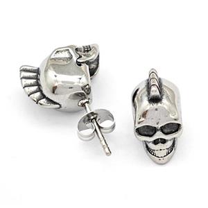 Stainless Steel Skull Stud Earrings Antique Silver, approx 8-15mm