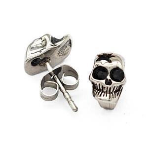 Stainless Steel Skull Stud Earrings Pave Rhinestone Antique Silver, approx 6-9mm
