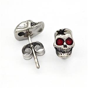 Stainless Steel Skull Stud Earrings Pave Rhinestone Antique Silver, approx 6-9mm
