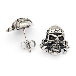 Stainless Steel Skull Stud Earrings Pave Rhinestone Antique Silver, approx 13mm