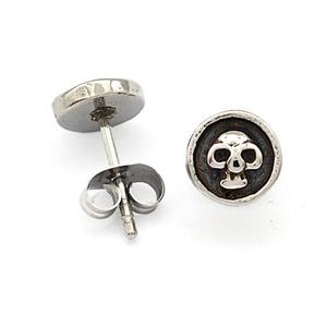 Stainless Steel Skull Stud Earrings Antique Silver, approx 7.5mm