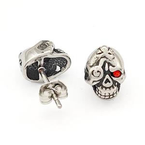 Stainless Steel Skull Stud Earrings Pave Rhinestone Antique Silver, approx 8-10mm