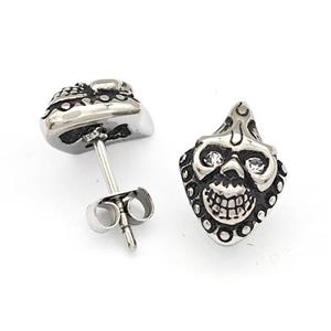 Stainless Steel Skull Stud Earrings Pave Rhinestone Antique Silver, approx 8.5-12mm