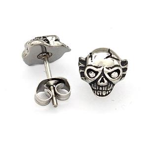 Stainless Steel Skull Stud Earrings Pave Rhinestone Antique Silver, approx 8-12mm