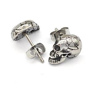 Stainless Steel Skull Stud Earrings Antique Silver, approx 8-11mm