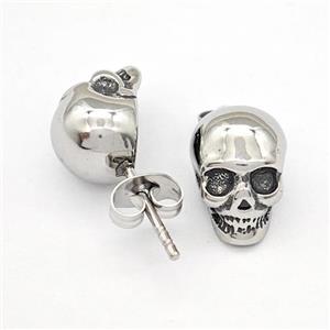 Stainless Steel Skull Stud Earrings Antique Silver, approx 9-11mm