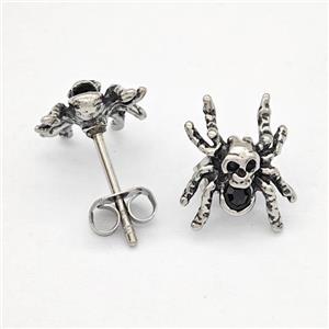 Stainless Steel Spider Stud Earrings Pave Rhinestone Antique Silver, approx 10-12mm