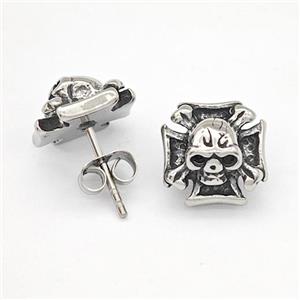 Stainless Steel Skull Stud Earrings Antique Silver, approx 12mm