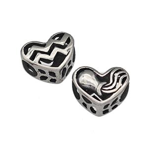316 Stainless Steel Heart Beads Zodiac Aquarius Large Hole Hollow Antique Silver, approx 12mm, 4mm hole