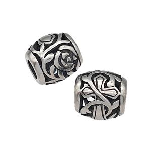 316 Stainless Steel Barrel Beads Cross Flower Hollow Large Hole Antique silver, approx 9-10mm, 4mm hole